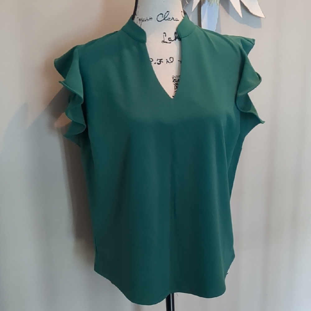 New York & Company Green Ruffled Cap Sleeve Blouse